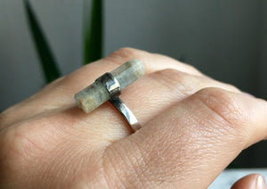 A person wearing a Aquamarine Crystal Ring from Kathrin Jona.