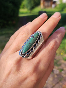 A hand holding a Turquoise Shield Ring with a Kathrin Jona turquoise stone.