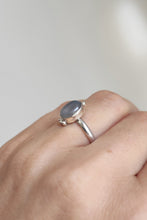 Load image into Gallery viewer, A woman&#39;s hand holding a Kathrin Jona Chalcedony Stacker Ring with a blue stone.
