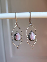 Load image into Gallery viewer, A pair of Kathrin Jona Pink Mother of Pearl Drop Granulation Earrings hanging on a hanger.

