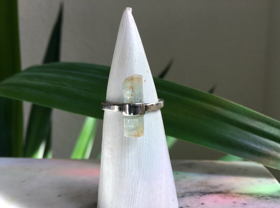 An Aquamarine Crystal Ring by Kathrin Jona with a yellow quartz stone sitting on top of a plant.